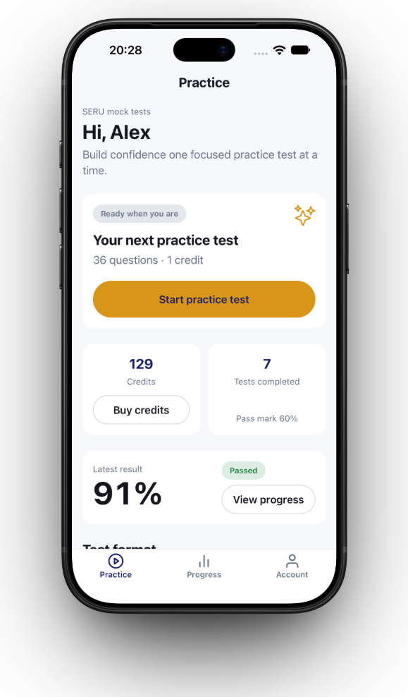 The PCO Direct app practice screen on an iPhone