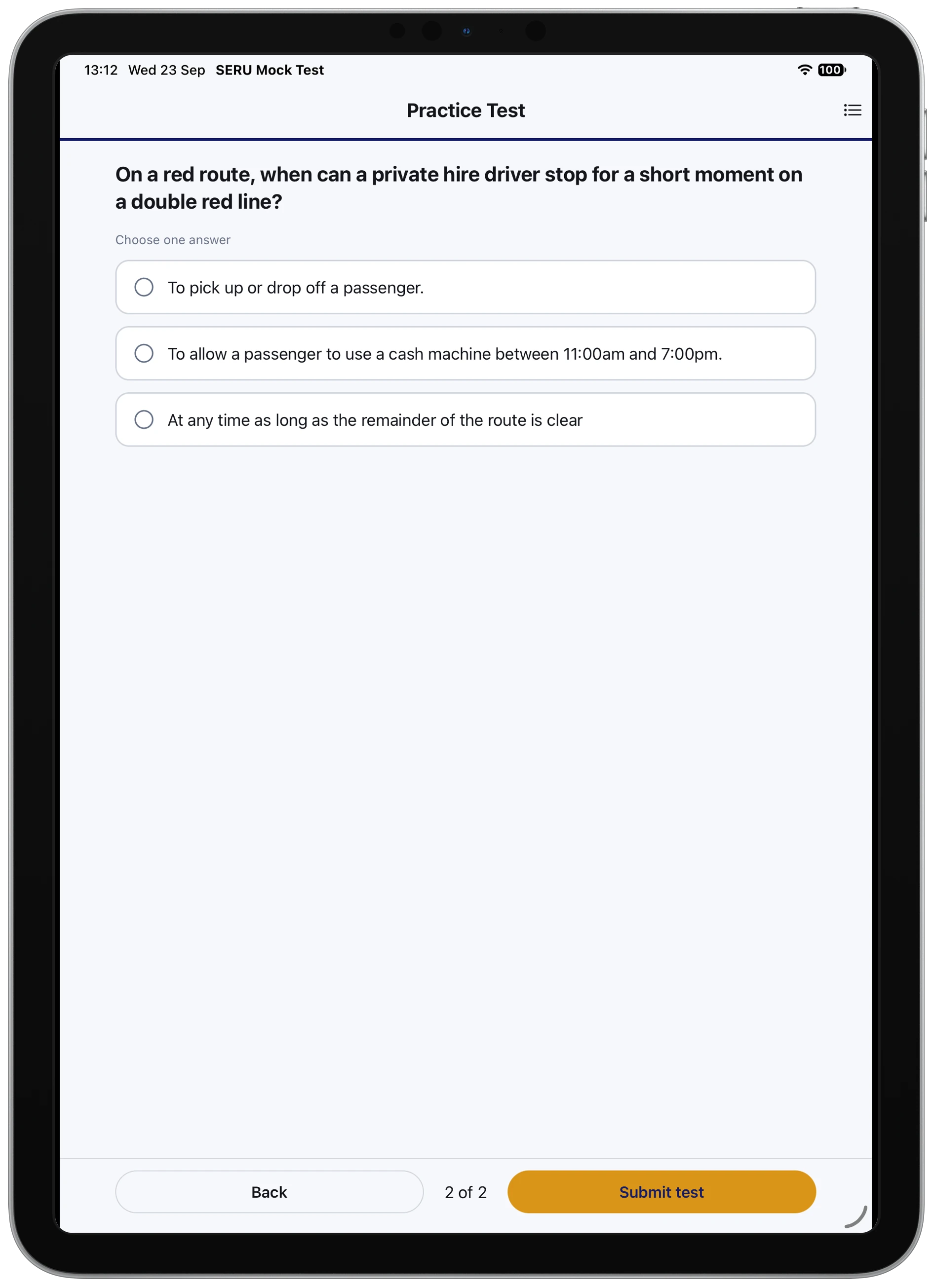 SERU practice exam shown on a tablet