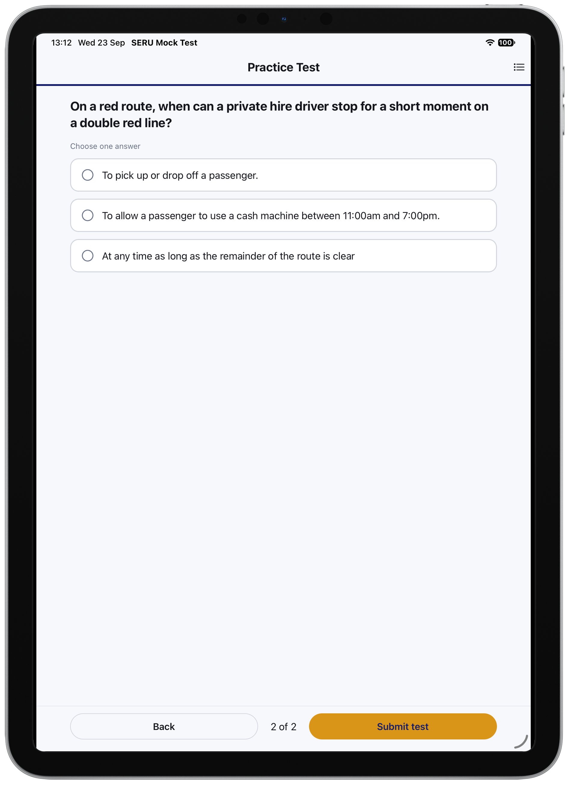 A SERU multiple choice practice question shown on an iPad